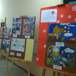 Wystawa prac laureatów w Miejskim Szpitalu Klinicznym nr 1 w Zabrzu zorganizowana przy pomocy oddziału filii Zespołu Szkół Specjalnych nr 38.